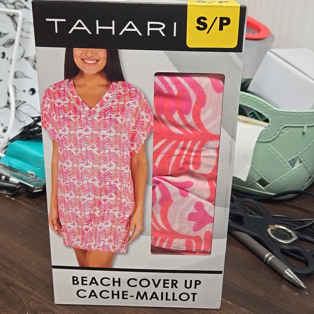 Tahari Size S Pink and White Patterned Beach Cover Up Dress